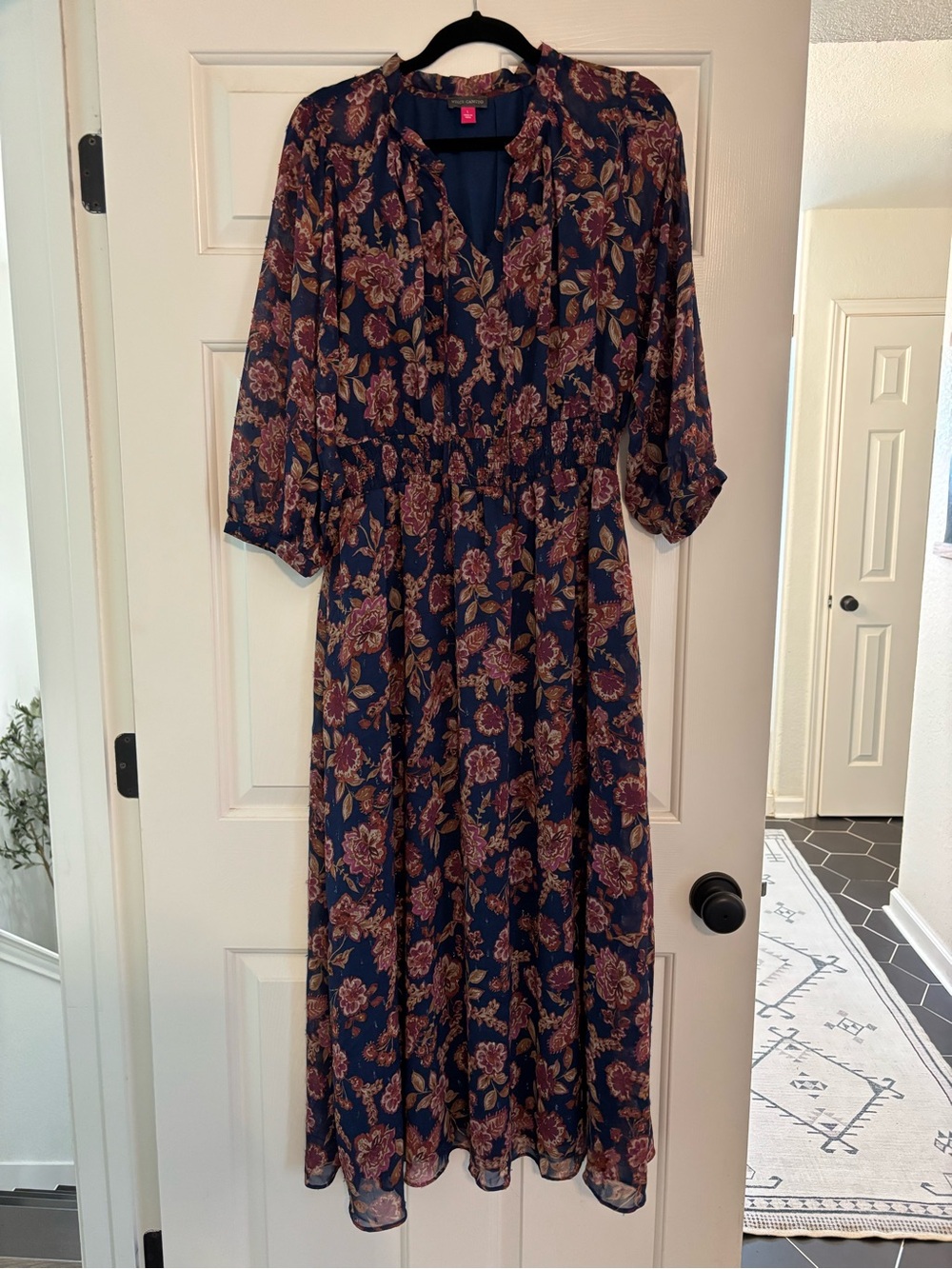 Vince Camuto Navy Maxi Dress with Burgundy Floral Print